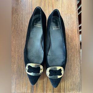 Stuart Weitzman Black Suede 1” Heels with Gold Buckle